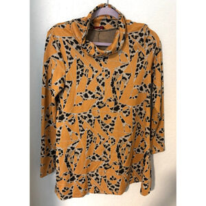 Isle by Melis Kozan Gold Brown Abstract Cheetah Print Mock Turtle Neck Dress S